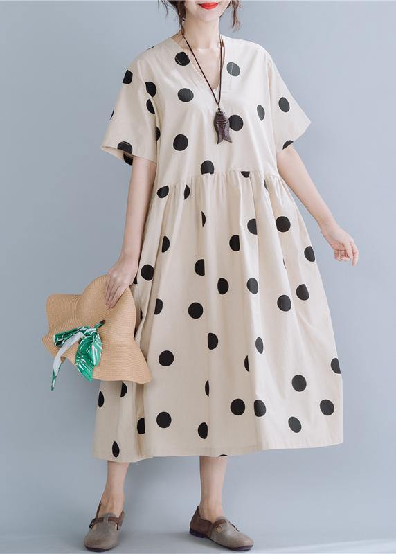 Modern beige dotted cotton Tunics v neck long summer Dress - SooLinen