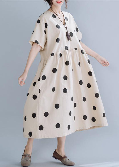 Modern beige dotted cotton Tunics v neck long summer Dress - SooLinen