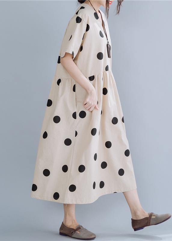 Modern beige dotted cotton Tunics v neck long summer Dress - SooLinen