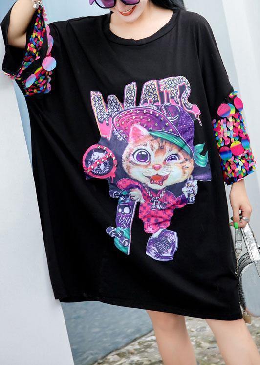 Modern black Cartoon print Cotton dress Appliques sleeve cotton summer Dresses - SooLinen