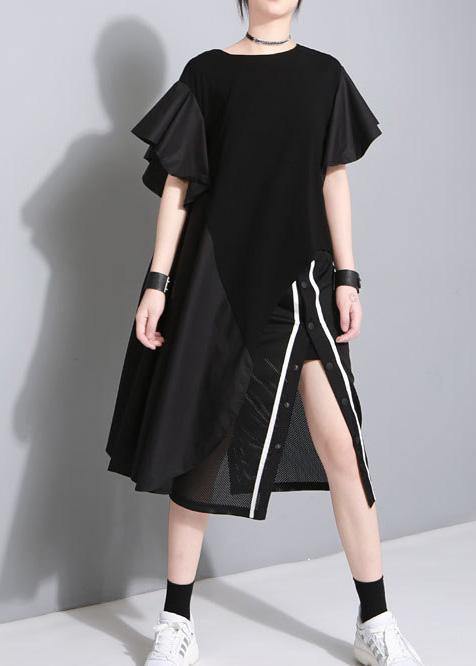 Modern black Cotton quilting dresses side open short patchwork summer Dresses - SooLinen