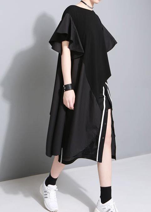 Modern black Cotton quilting dresses side open short patchwork summer Dresses - SooLinen