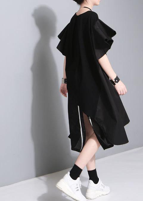Modern black Cotton quilting dresses side open short patchwork summer Dresses - SooLinen