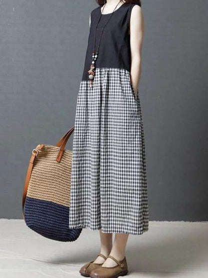 Modern black Plaid cotton linen dresses o neck sleeveless patchwork Maxi Dresses - SooLinen