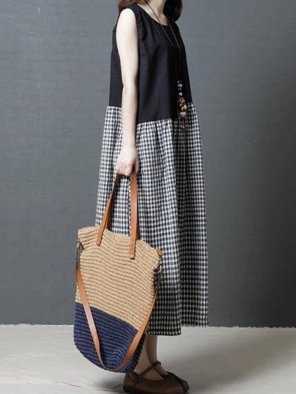 Modern black Plaid cotton linen dresses o neck sleeveless patchwork Maxi Dresses - SooLinen