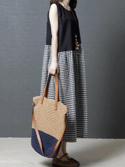 Modern black Plaid cotton linen dresses o neck sleeveless patchwork Maxi Dresses - SooLinen
