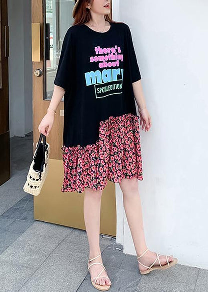 Modern black alphabet print cotton clothes For Women asymmetric patchwork A Line summer Dresses - SooLinen