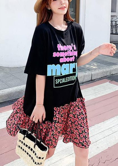 Modern black alphabet print cotton clothes For Women asymmetric patchwork A Line summer Dresses - SooLinen