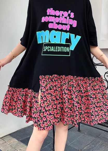 Modern black alphabet print cotton clothes For Women asymmetric patchwork A Line summer Dresses - SooLinen