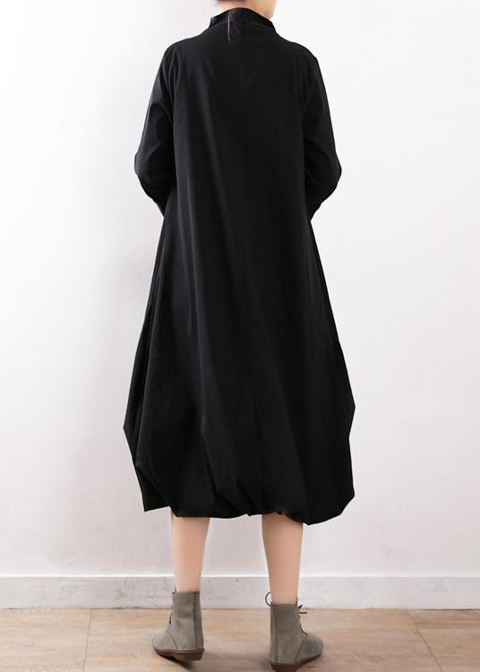 Modern black cotton dresses high neck asymmetric Traveling fall Dress - SooLinen