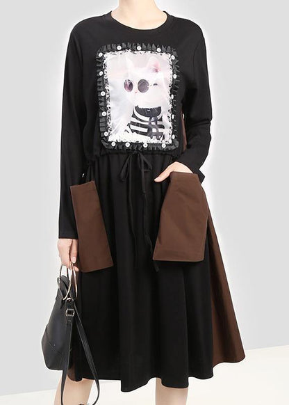 Modern black cotton quilting clothes cat prints Plus Size  patchwork pockets Dress - SooLinen
