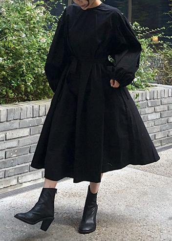 Modern black cotton quilting clothes o neck Batwing Sleeve Kaftan spring Dresses - SooLinen