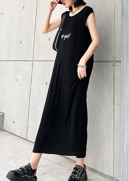 Modern black cotton quilting clothes o neck sleeveless Robe summer Dresses - SooLinen