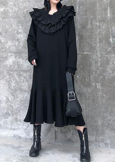 Modern black cotton quilting dresses Ruffled patchwork Maxi Dress - SooLinen