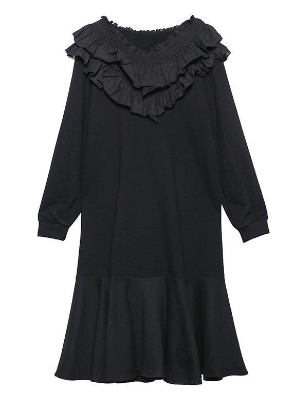 Modern black cotton quilting dresses Ruffled patchwork Maxi Dress - SooLinen