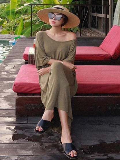 Modern black cotton tunic dress o neck baggy Maxi Dress - SooLinen