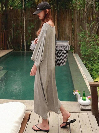 Modern black cotton tunic dress o neck baggy Maxi Dress - SooLinen