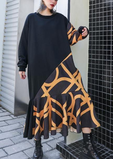 Modern black patchwork cotton Long Shirts ruffles hem cotton robes winter Dresses - SooLinen