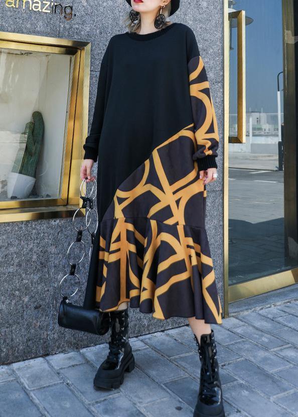 Modern black patchwork cotton Long Shirts ruffles hem cotton robes winter Dresses - SooLinen