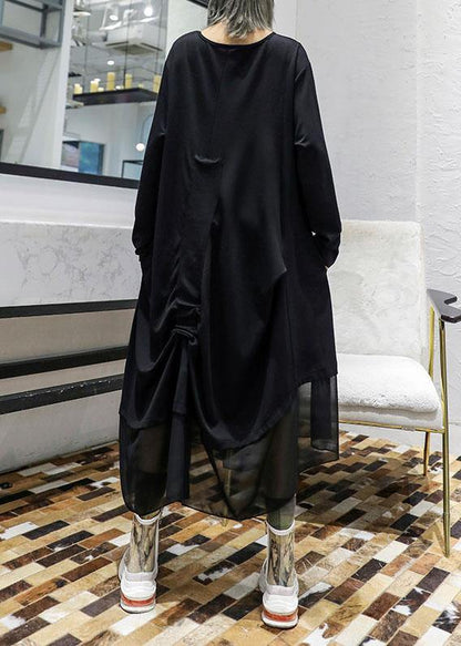 Modern black patchwork cotton tunic top Cinched cotton robes fall Dresses - SooLinen
