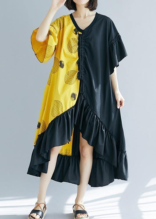 Modern black patchwork yellow Long Shirts v neck Ruffles Maxi summer Dress - SooLinen