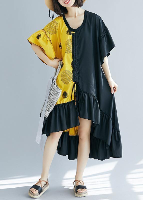Modern black patchwork yellow Long Shirts v neck Ruffles Maxi summer Dress - SooLinen