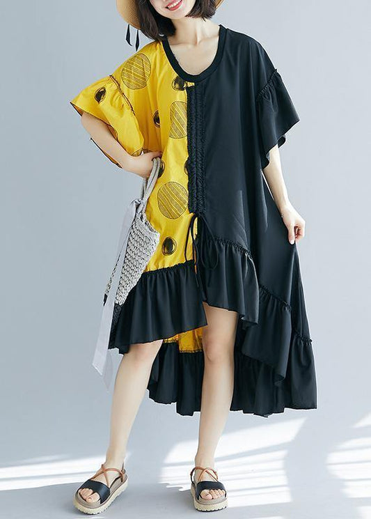Modern black patchwork yellow Long Shirts v neck Ruffles Maxi summer Dress - SooLinen