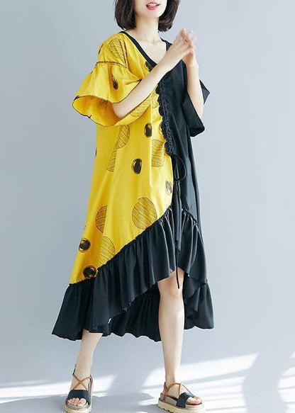 Modern black patchwork yellow Long Shirts v neck Ruffles Maxi summer Dress - SooLinen