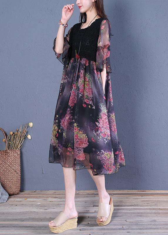 Modern black print Cotton clothes o neck Butterfly Sleeve short Dresses - SooLinen