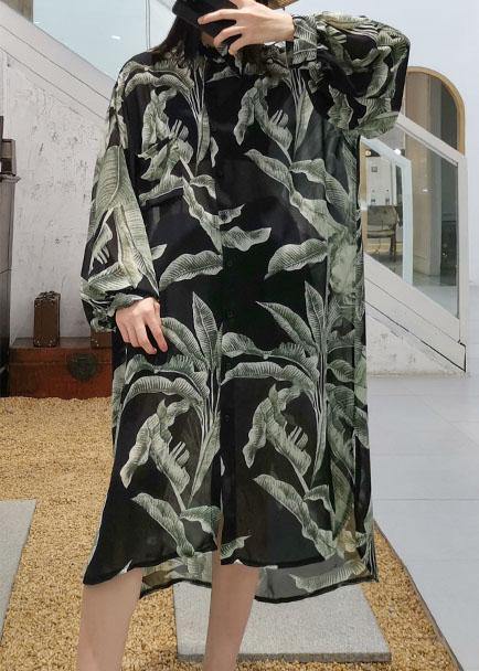 Modern black prints chiffon shirts side open Art sunscreen shirt dresses - SooLinen