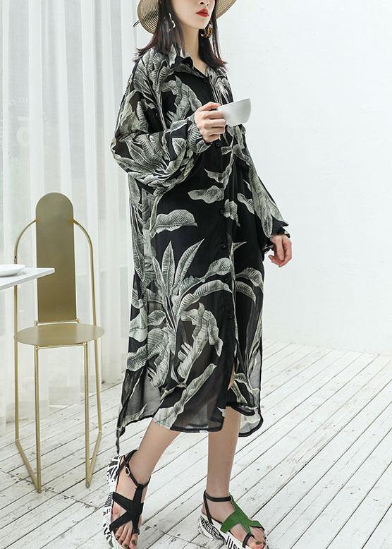 Modern black prints chiffon shirts side open Art sunscreen shirt dresses - SooLinen