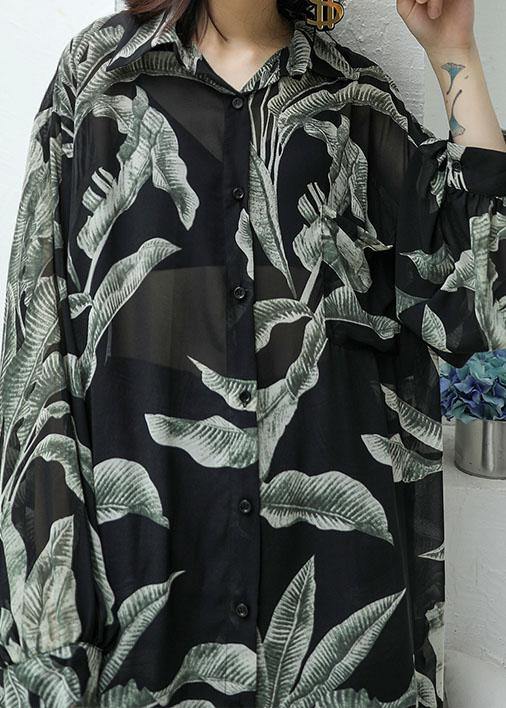 Modern black prints chiffon shirts side open Art sunscreen shirt dresses - SooLinen