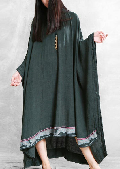 Modern blackish green linen Long Shirts o neck embroidery Robe Dresses - SooLinen