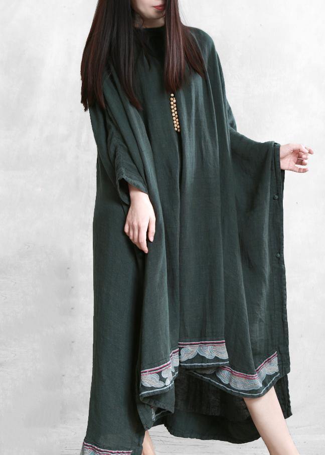 Modern blackish green linen Long Shirts o neck embroidery Robe Dresses - SooLinen