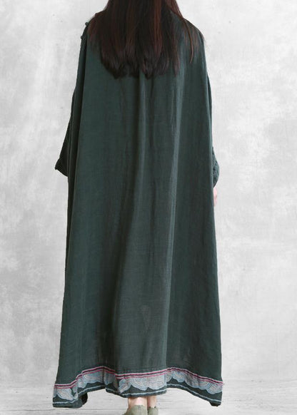 Modern blackish green linen Long Shirts o neck embroidery Robe Dresses - SooLinen