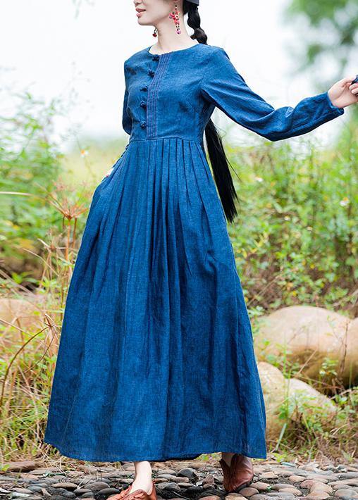 Modern blue clothes For Women o neck exra large hem long spring Dresses - SooLinen