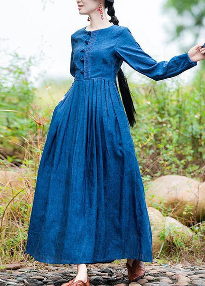 Modern blue clothes For Women o neck exra large hem long spring Dresses - SooLinen