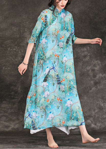 Modern blue print linen dresses Vintage Neckline stand collar Half sleeve Maxi Summer Dress