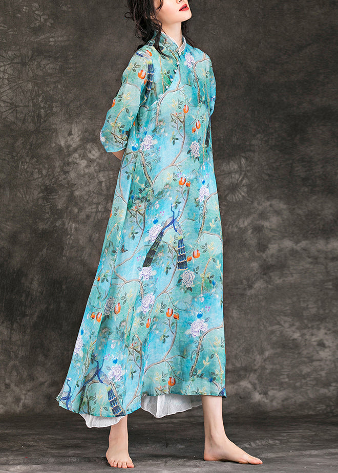 Modern blue print linen dresses Vintage Neckline stand collar Half sleeve Maxi Summer Dress