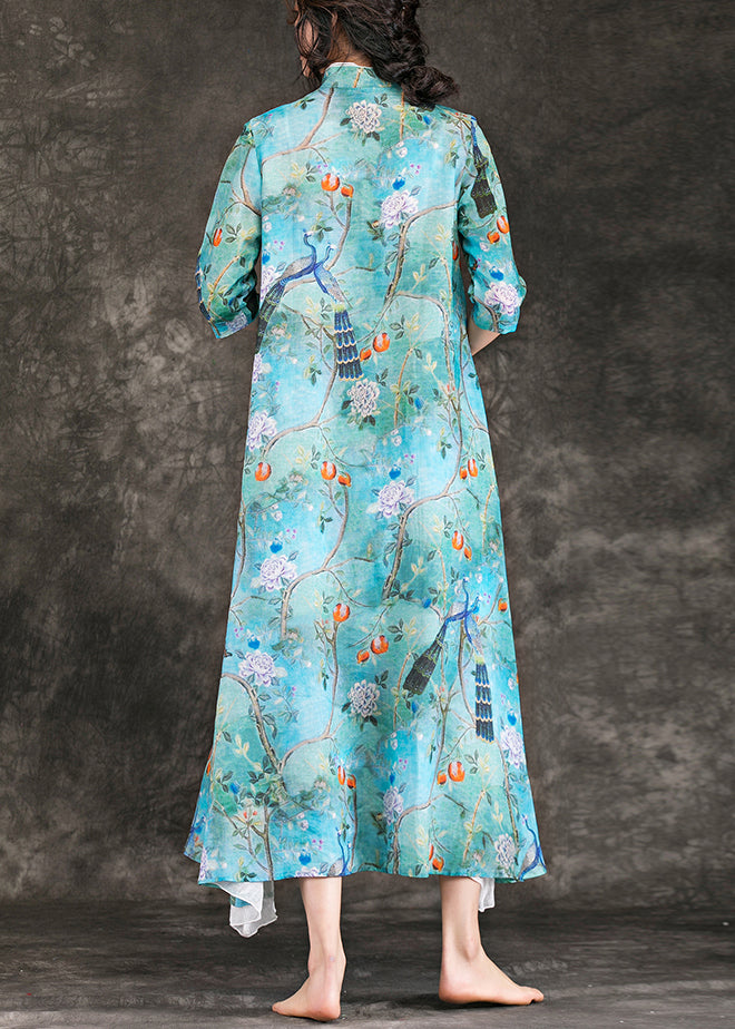 Modern blue print linen dresses Vintage Neckline stand collar Half sleeve Maxi Summer Dress