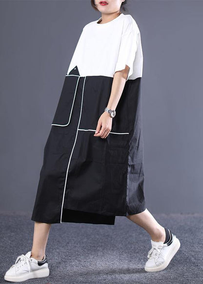 Modern cotton dresses Sweets Cotton Round Neck Spliced Short Sleeve Dress - SooLinen