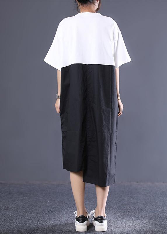 Modern cotton dresses Sweets Cotton Round Neck Spliced Short Sleeve Dress - SooLinen
