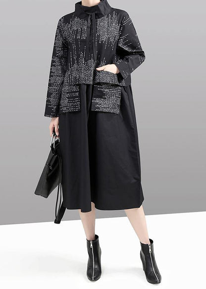 Modern false two pieces cotton patchwork quilting dresses Shirts gray prints Plus Size Dress - SooLinen