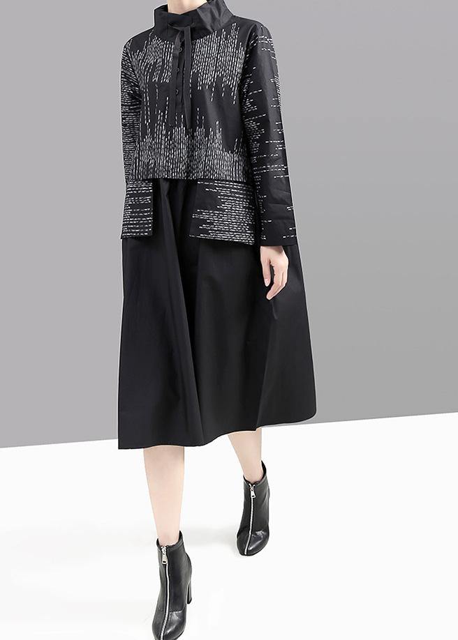 Modern false two pieces cotton patchwork quilting dresses Shirts gray prints Plus Size Dress - SooLinen