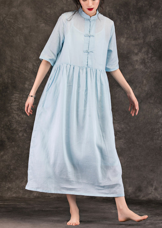 Modern gray blue linen dress Organic Runway stand collar pockets loose Summer Dress