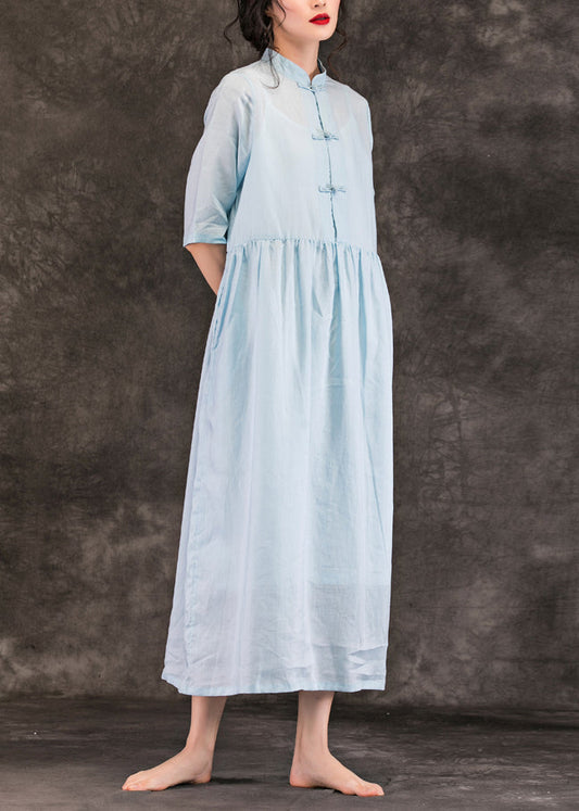 Modern gray blue linen dress Organic Runway stand collar pockets loose Summer Dress