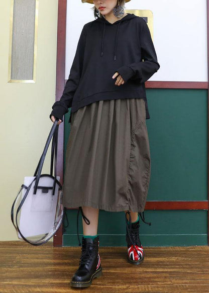 Modern gray green patchwork cotton clothes false two pieces loose hooded Dress - SooLinen
