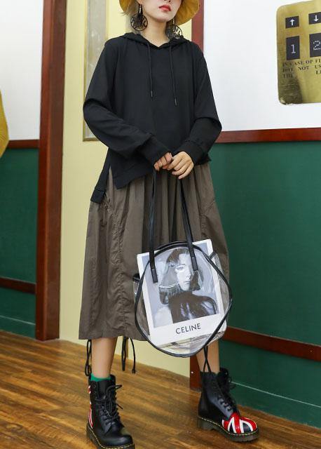 Modern gray green patchwork cotton clothes false two pieces loose hooded Dress - SooLinen