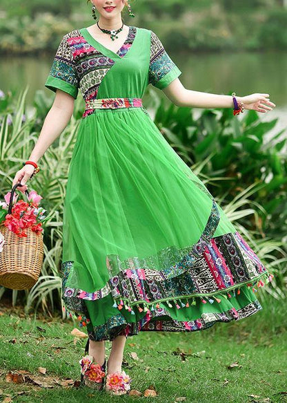 Modern green print tunics for women v neck patchwork tulle summer Dress - SooLinen