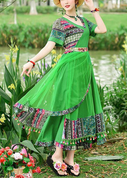 Modern green print tunics for women v neck patchwork tulle summer Dress - SooLinen